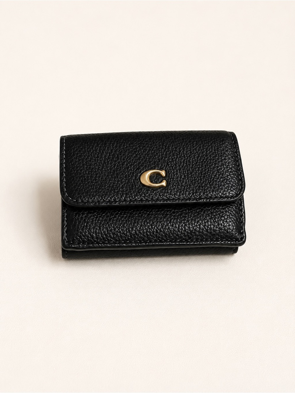 Coach Black Pebbled Leather Trifold Wallet Gold Hardware